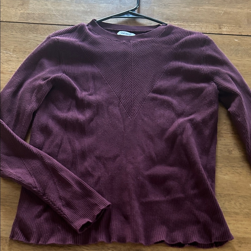 Nine West Chevron Ribbed Crewneck Sweater in Plum